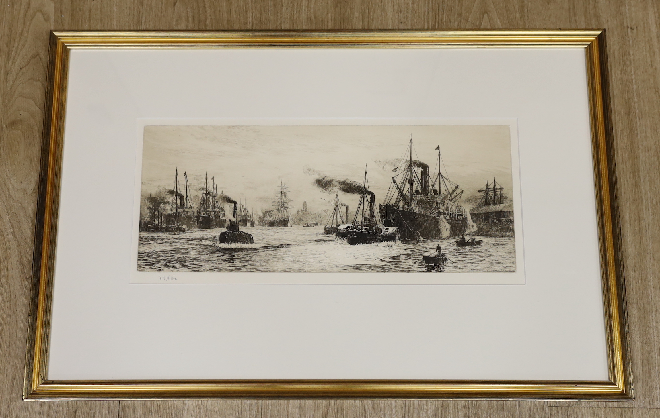 William Lionel Wyllie (1851-1931), etching, 'Clyde and Govan', signed in pencil, 22 x 51cm
